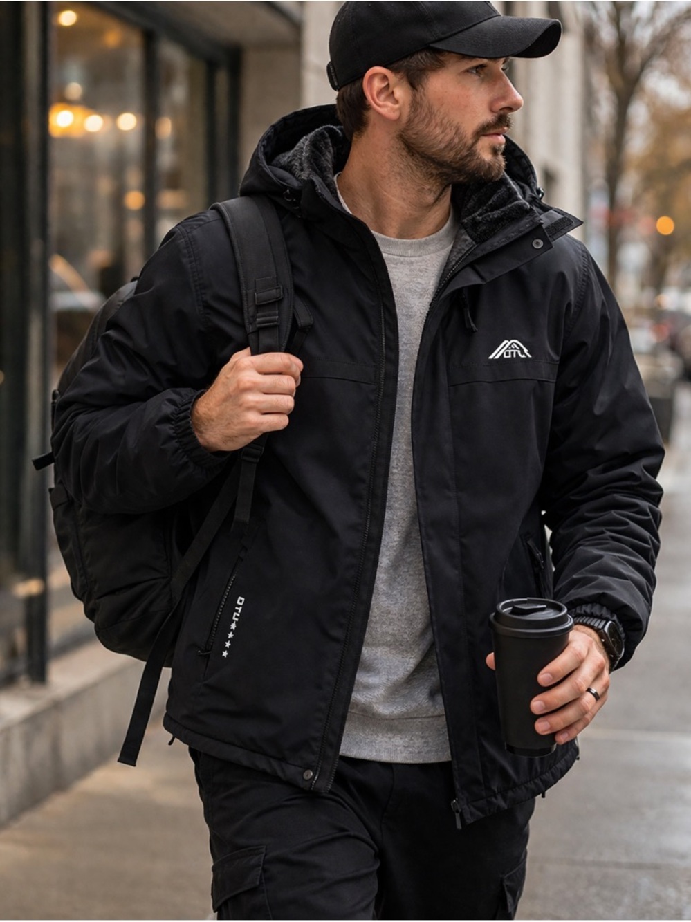 Waterproof Hooded Fleece Lined Black Jacket Size L